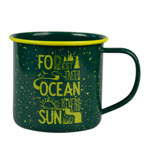 Enamel tin mug | Forest, trees, ocean, rivers, sun